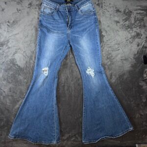 Womens 12 Lucky & Blessed Flare Jeans Blue Excellent Distressed Sequin Mid Rise